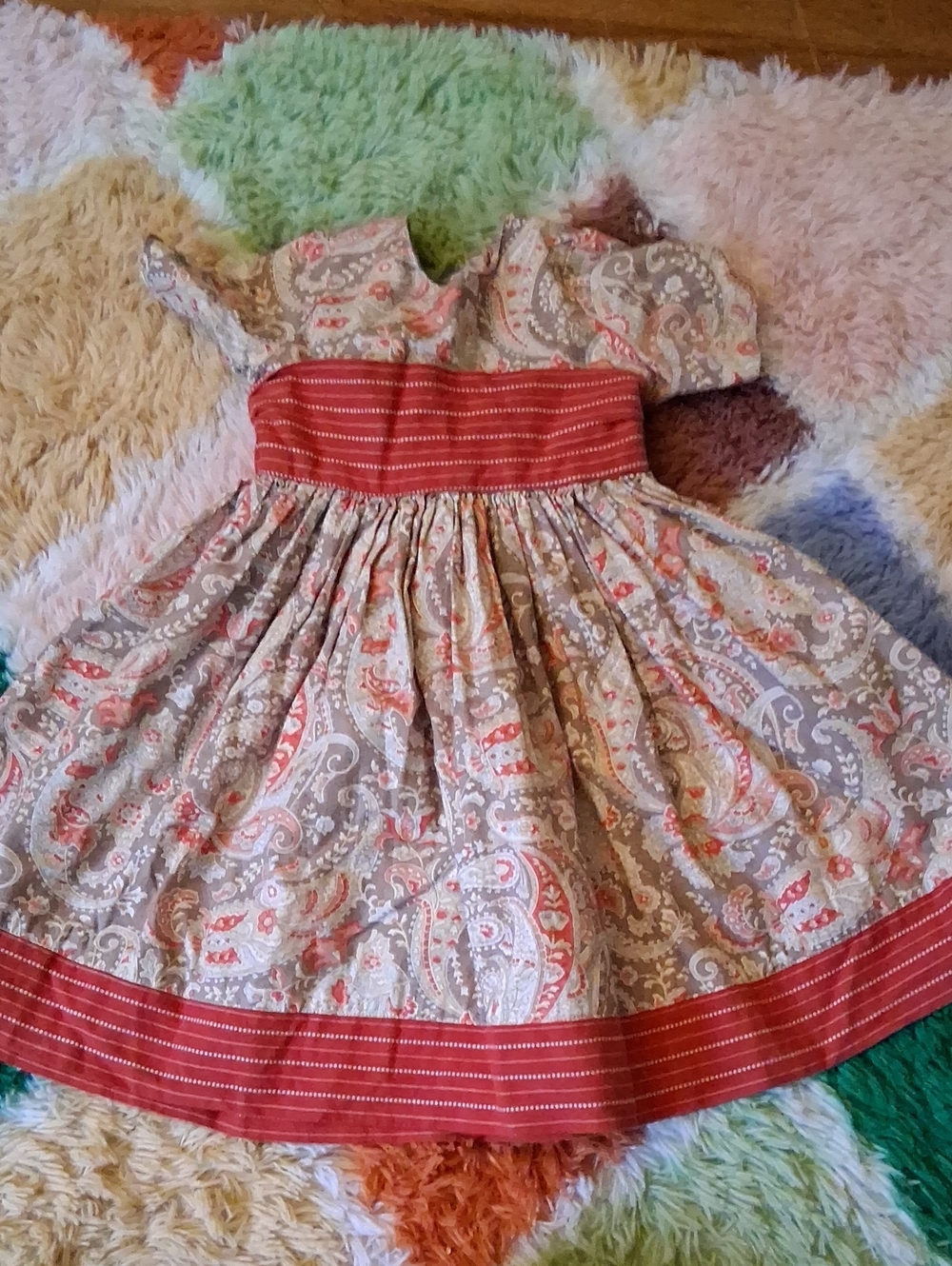 Girls Red Paisley Cotton Dress with Red Tie - Hand Made